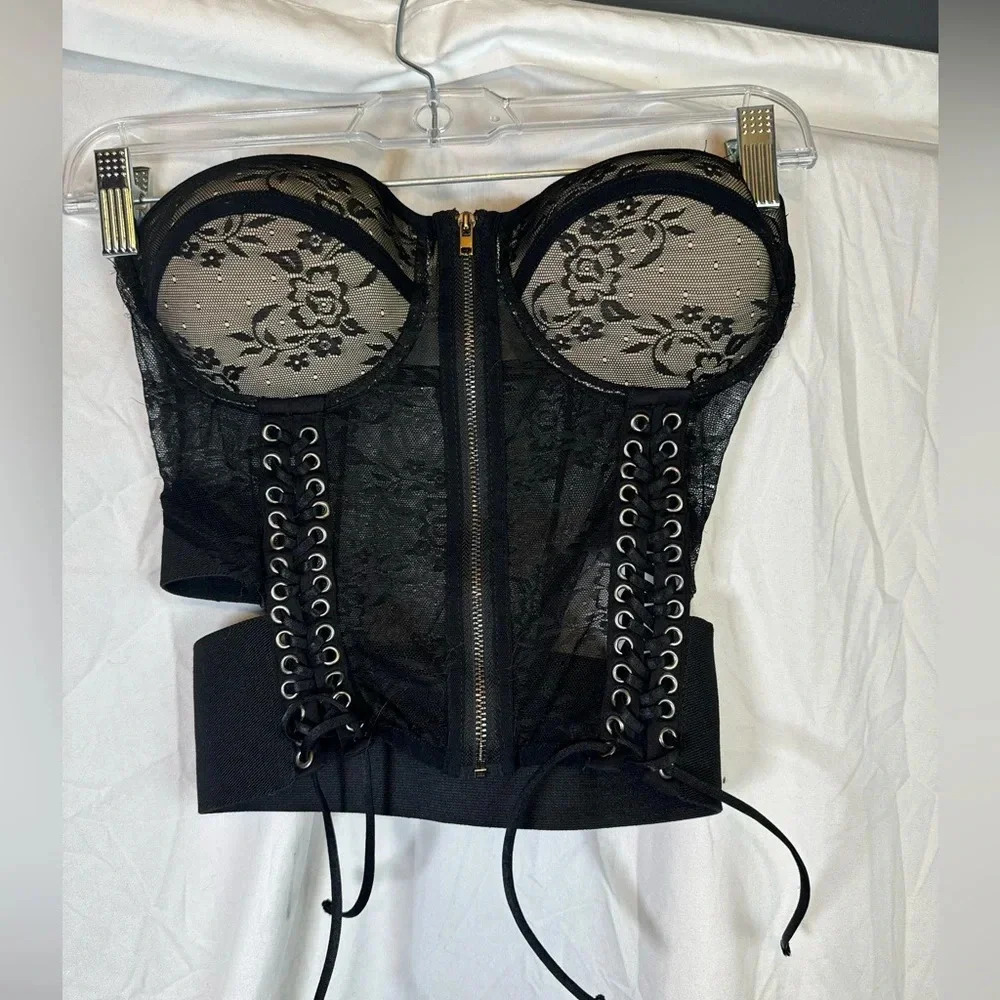 Kiki Riki Sexy Flower Black Lace Up Wire Corset Laced Zippered Goth Size Small